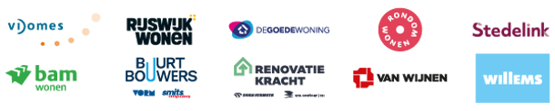 Logos van Vidomes, Rijswijk Wonen, De Goede Woning, Rondom Wonen, Stedelink, Bam, Buurt Bouwers, Renovatie Kracht, Van Wijnen en Willems